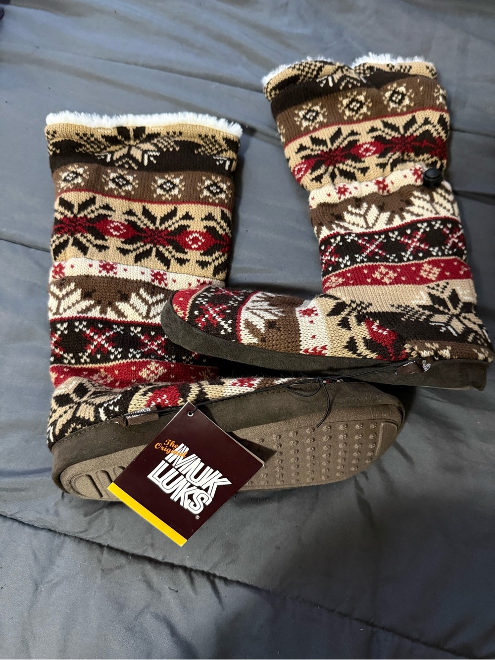 Muk Luks Brown Red Cream Patterned Plush-Lined Winter Home Boots